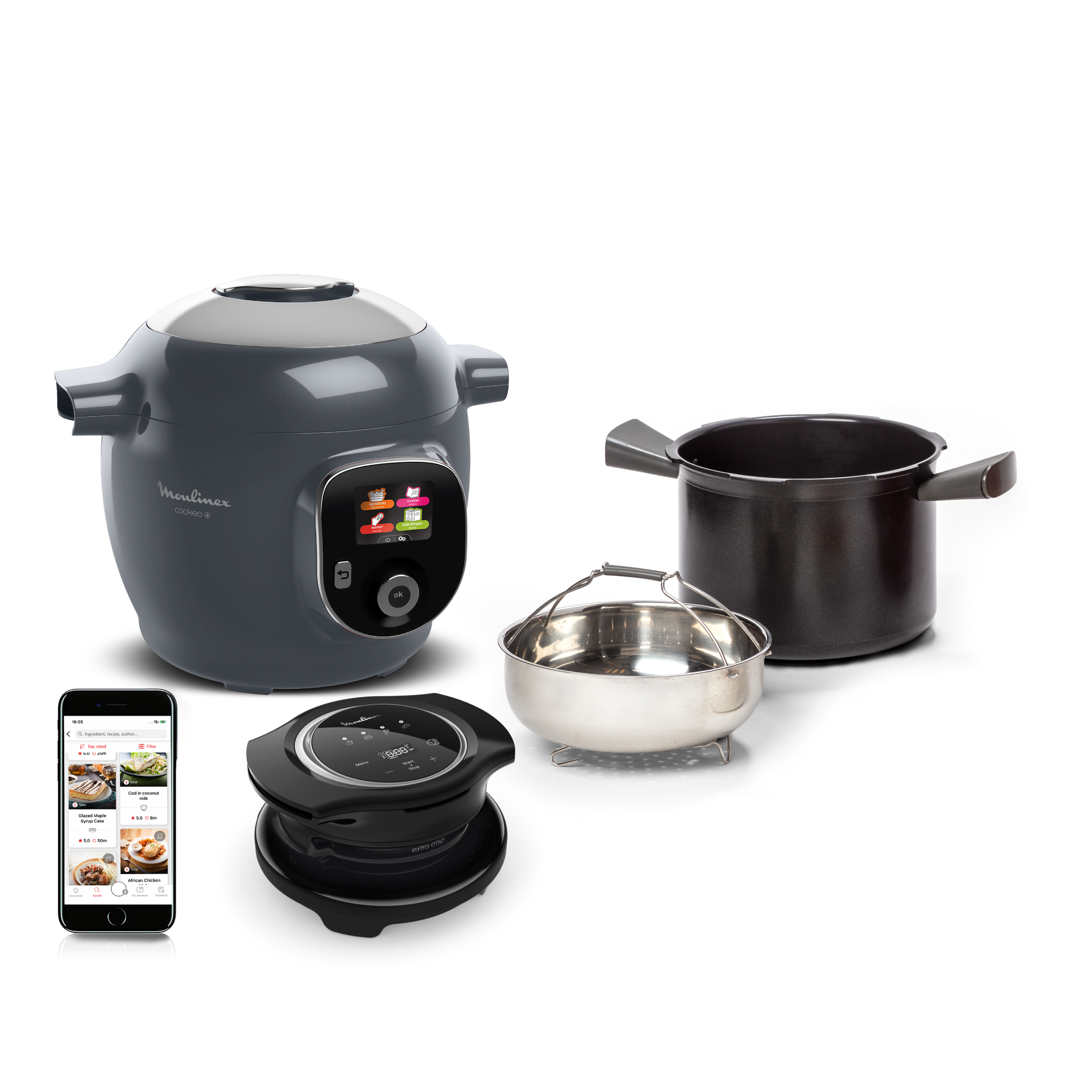 Cookeo+ Multicuiseur intelligent, 150 recettes, 6 L, 6 pers, Gris avec Extra crisp