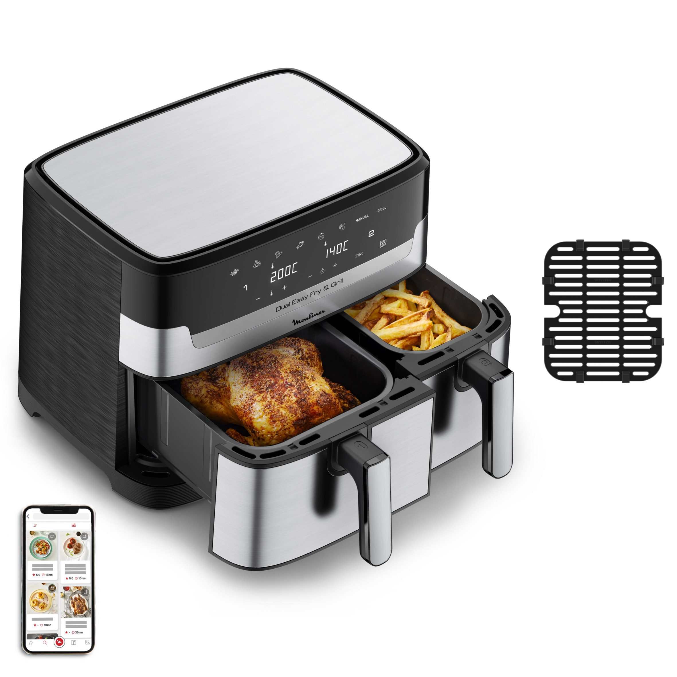 Moulinex Dual Easy Fry 8,3 L – Freidora de aire dual, ahorro energético de  hasta 70%, capacidad de 5,2 L y 3,1 L, 7 programas, resultados crujientes,  apto lavavajillas, recetario digital, EZ9018 : : Hogar y cocina
