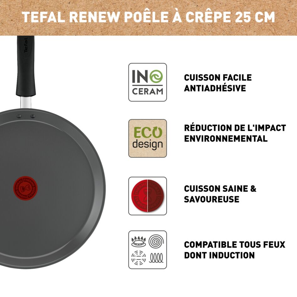 Poêle à Crêpes Céramique 25 Cm Avec Poignée Amovible - Anti-adhésive Saine Sans PFAS, Marron