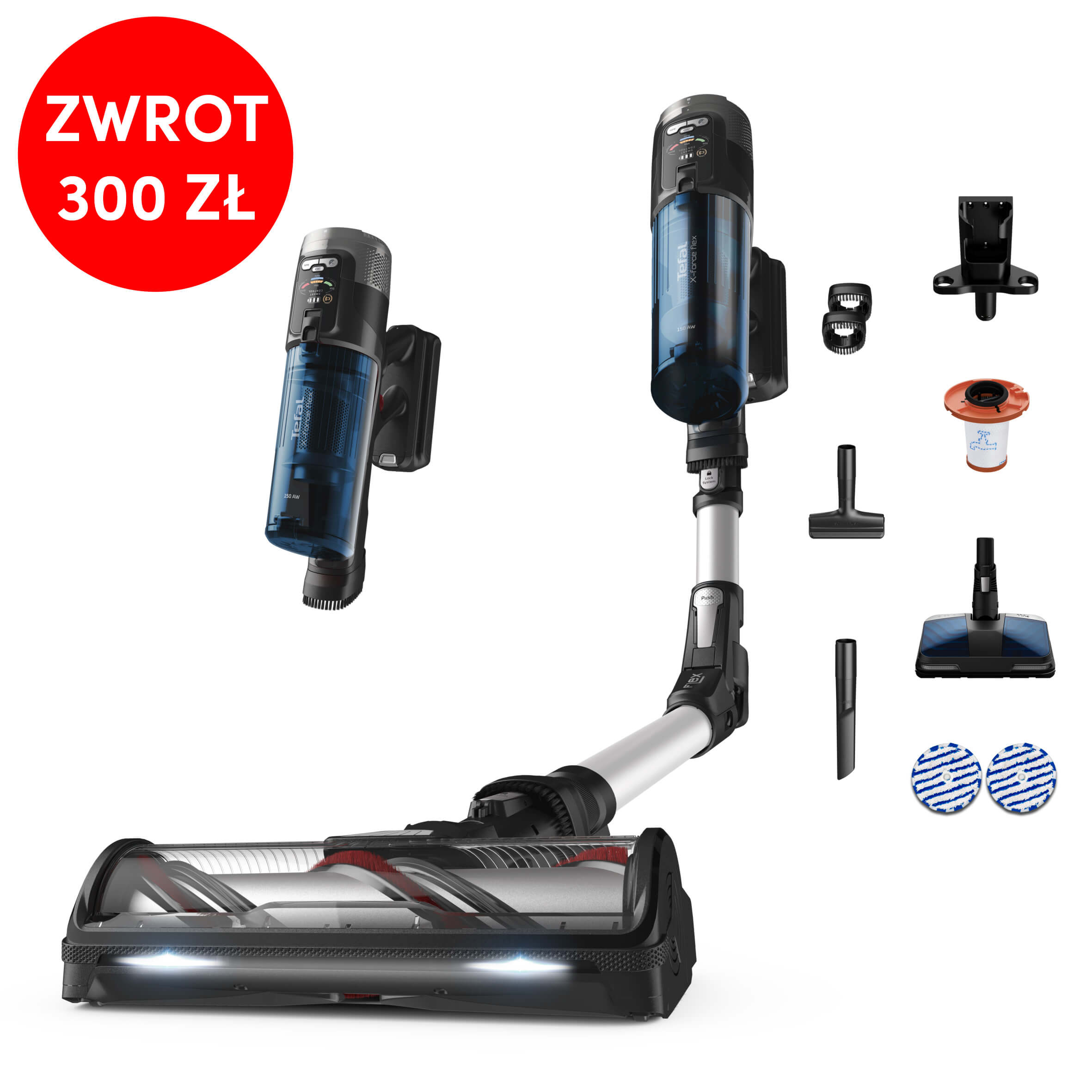 Odkurzacz bezprzewodowy, Tefal X-Force Flex 13.60, 150 AW, 60 min, aktywne mopowanie
