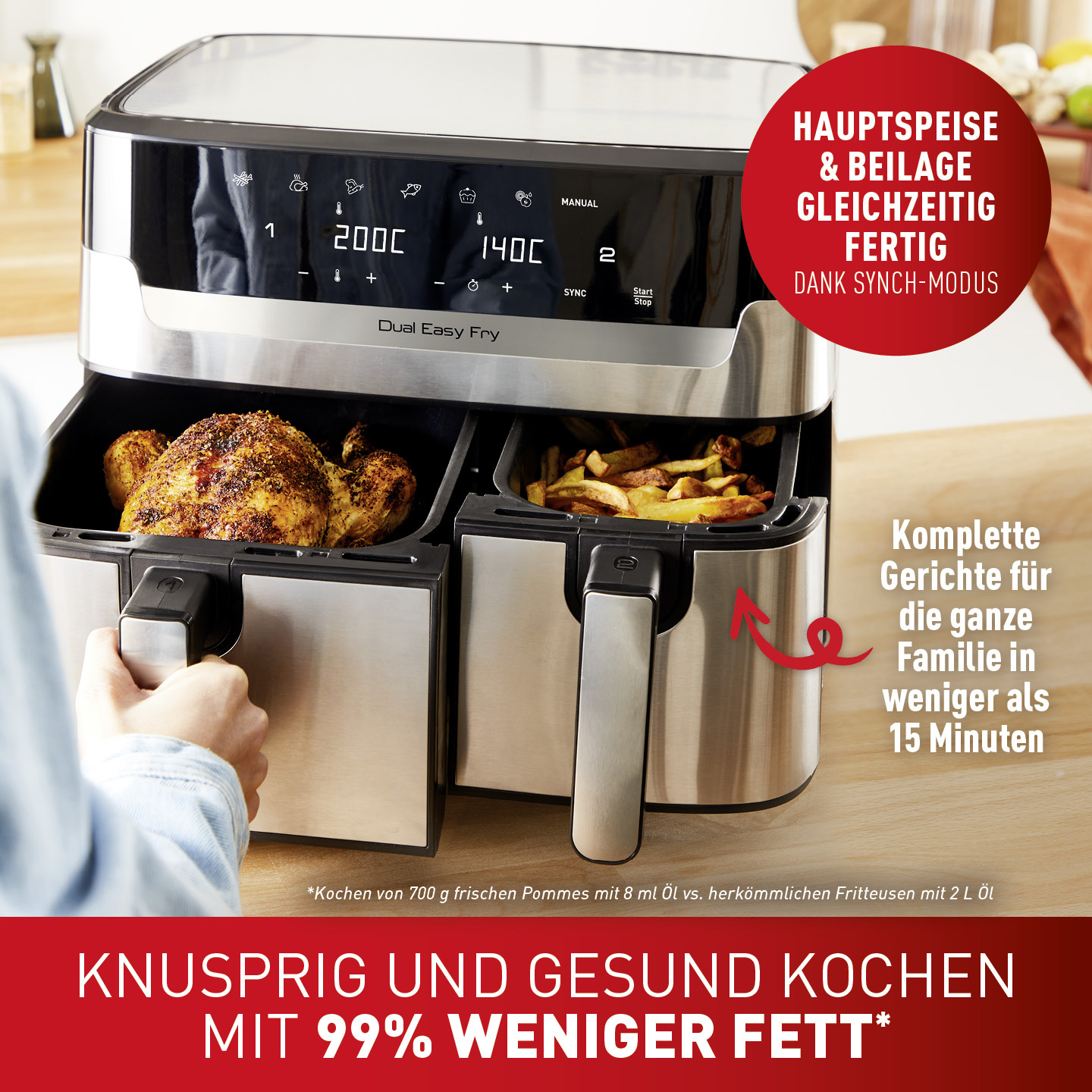 Dual Easy Fry & Grill 8,3 L Edelstahl EY905D | Heißluftfritteusen | Tefal