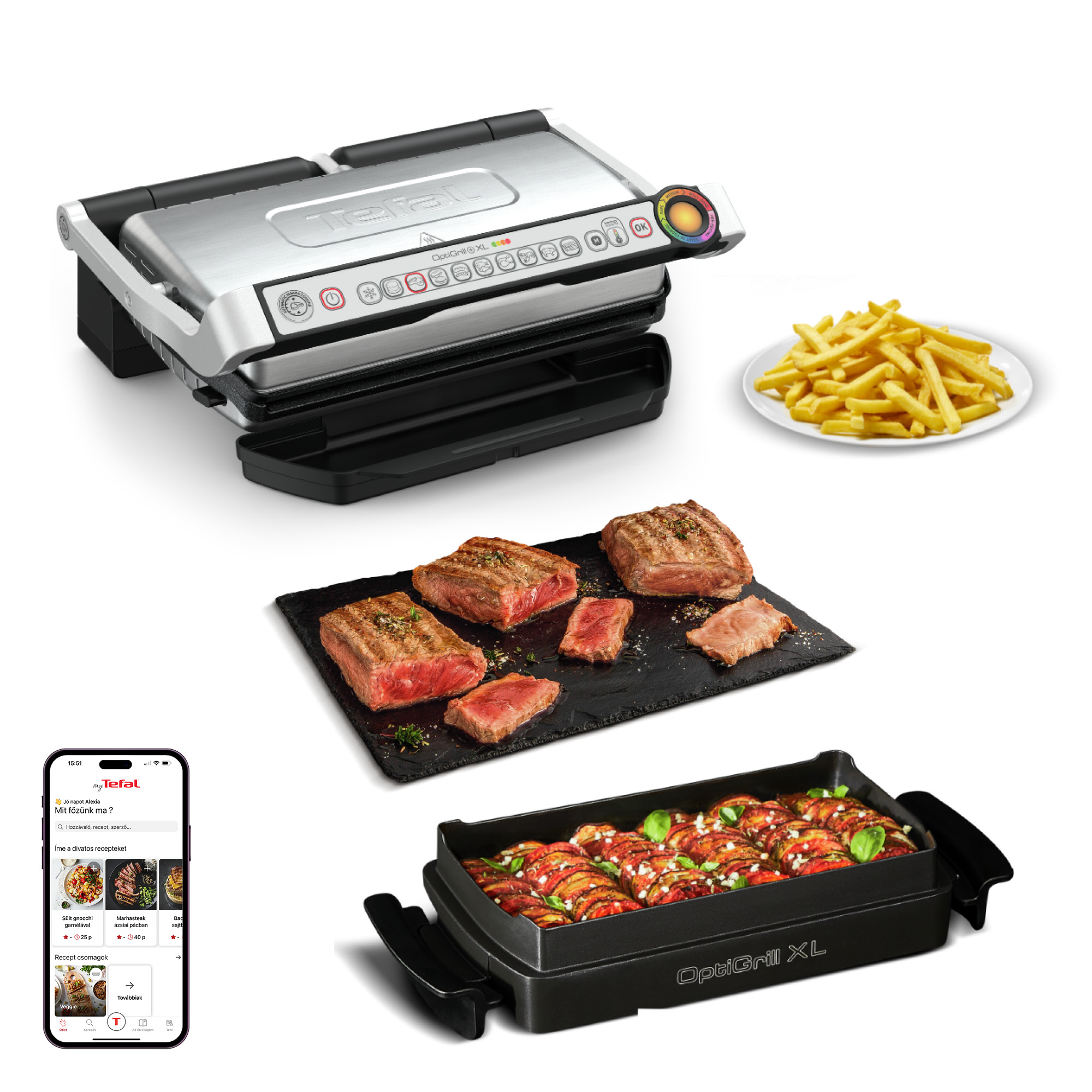 Elektromos grill Tefal OptiGrill+ XL nassolás és sütés tepsivel GC724D12 Ezüst/Fekete