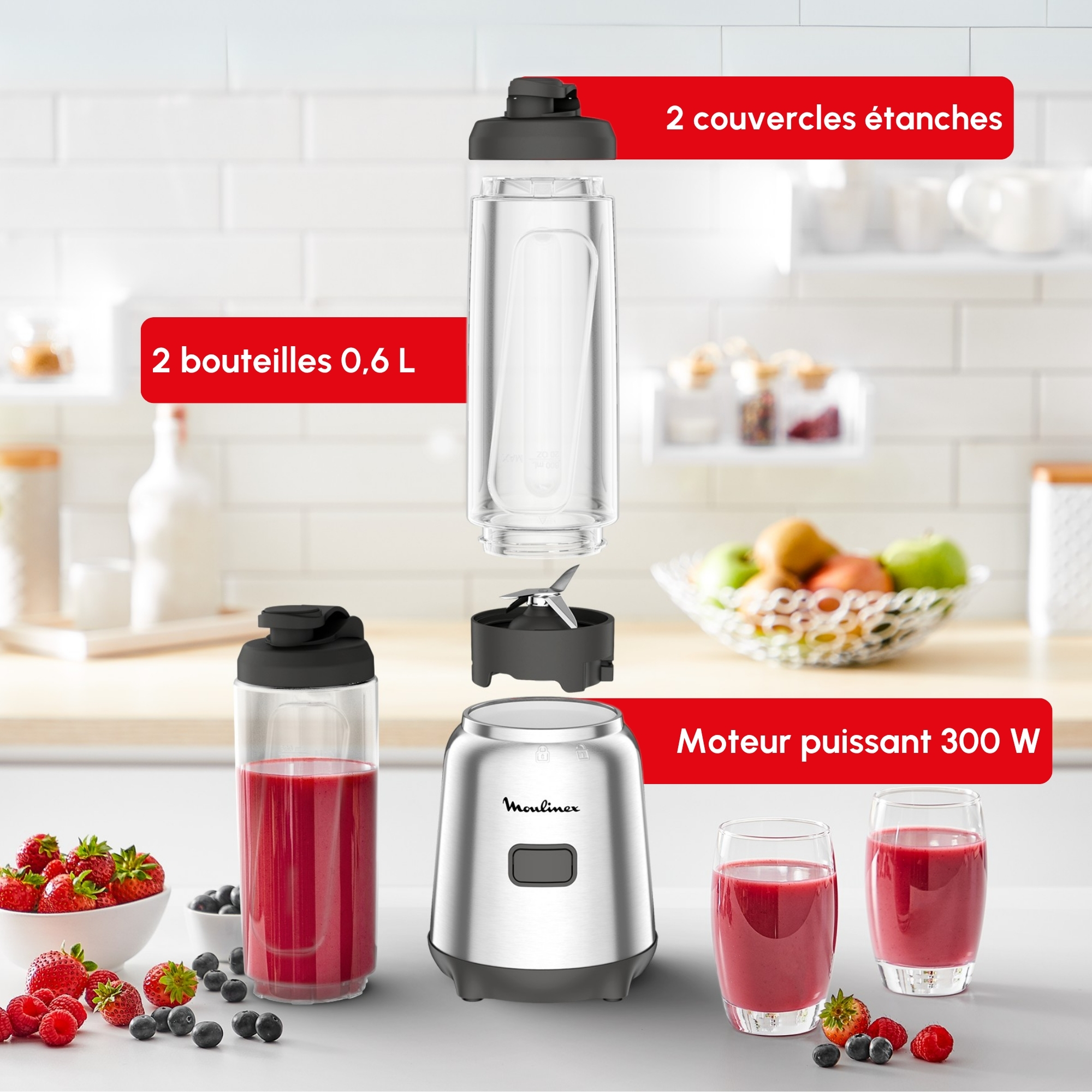 Blender Personnel Moulinex Mix & Move - 300W, 2 Bouteilles Tritan 0,6L, Lames Amovibles | Portable Et Compact