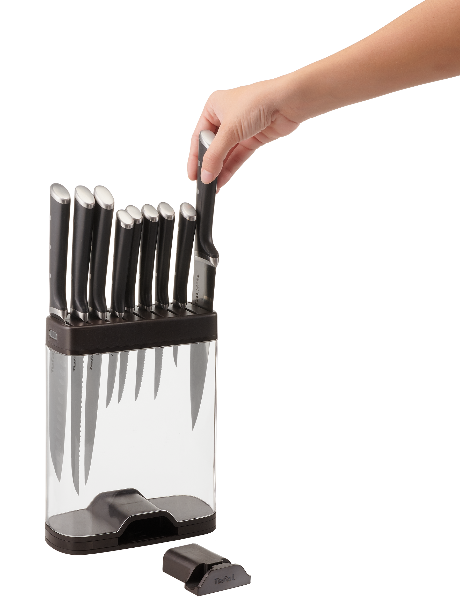Tefal Ingenio Portacoltelli Ice Force – Capacità 9 Coltelli – Base Con Affilacoltelli Integrato – Plastica Trasparente
