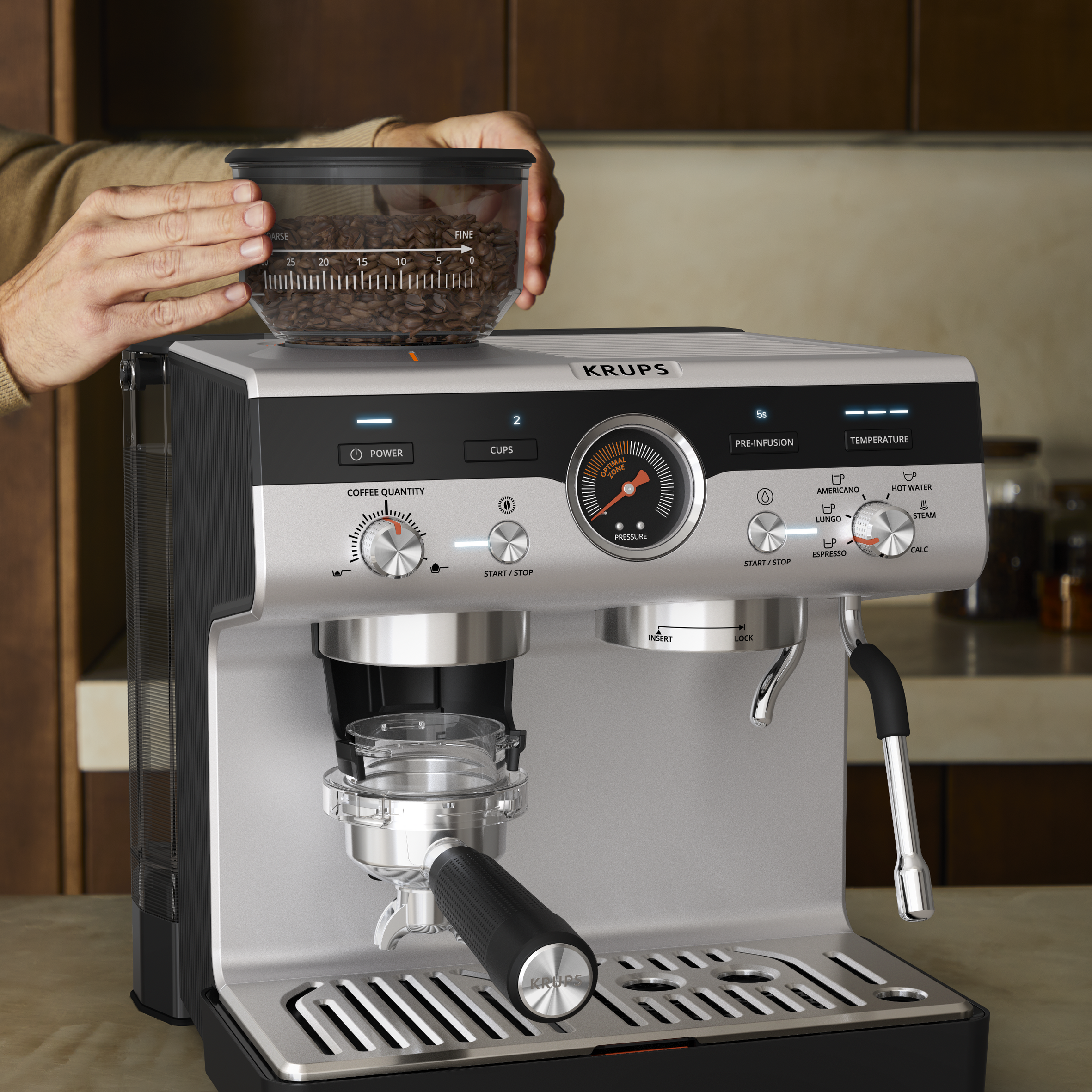 Precision+ Siebträgermaschine mit Mahlwerk und Tamping Station, Modell ...