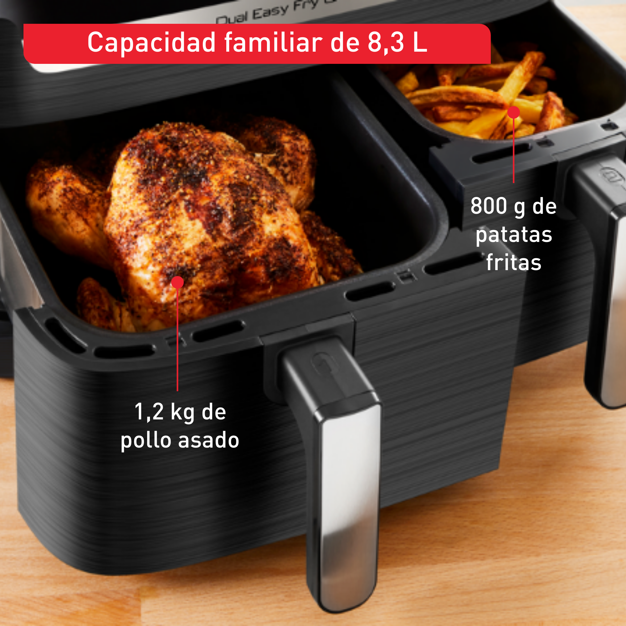 Dual Easy Fry & Grill, Freidora de aire, Doble Cesta, 8,3 L, 8 Programas Automáticos, Inox