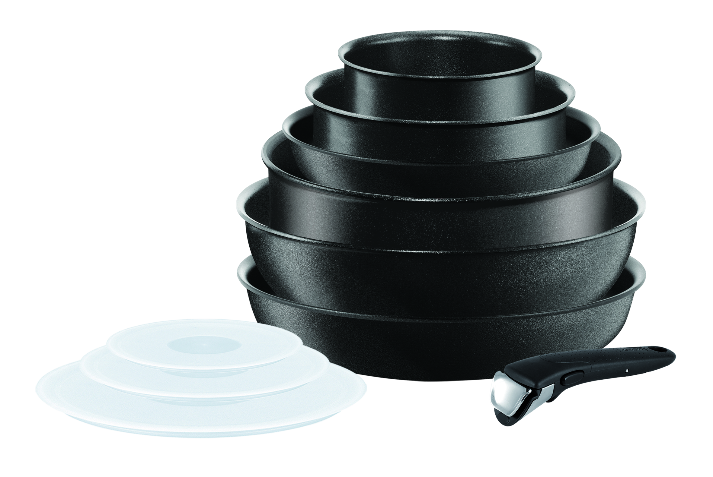 INGENIO PERFORMANCE Noir Batterie cuisine 10 pièces : casseroles 16/20cm, poêles 22/26 cm, wok 26 cm, sauteuse 24 cm, couvercles hermétiques 16/20/24cm, poignée amovible