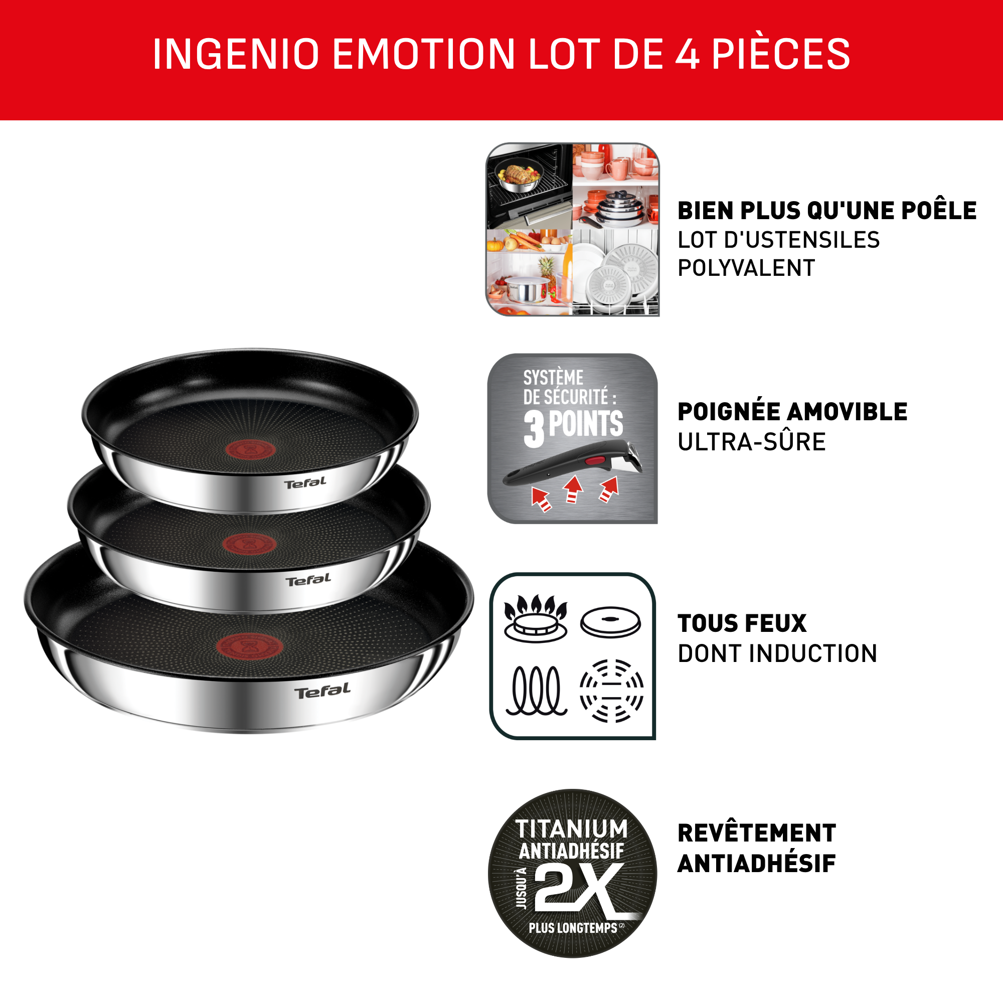 Batterie De Cuisine Tefal Ingenio Emotion - 3 Poêles Inox 22, 24, 28 Cm - Poignée Amovible, Empilable, Compatible Induction - 2