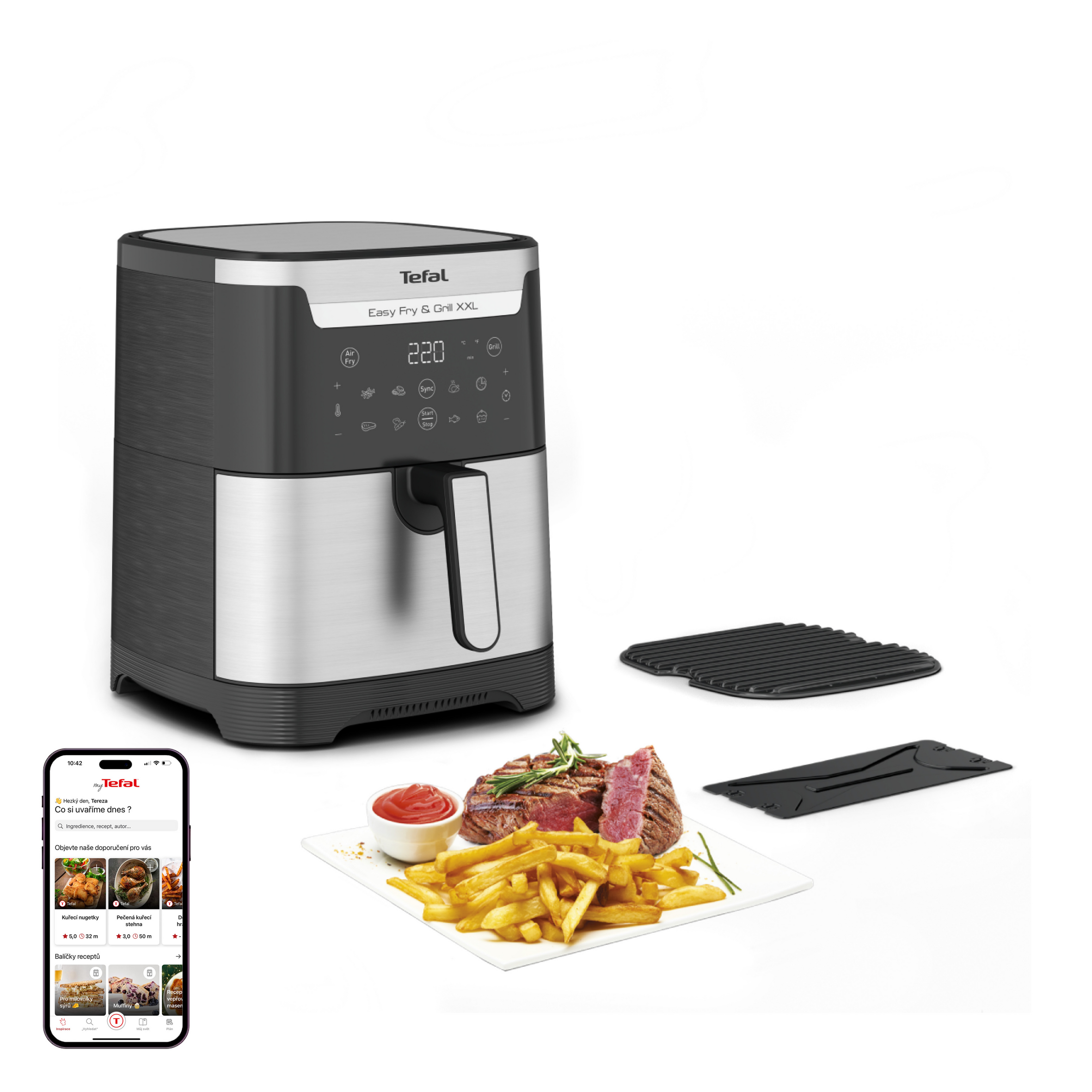 Velká horkovzdušná fritéza bez oleje Tefal Easy Fry & Grill XXL 2v1 EY801D15 Nerezová/Černá