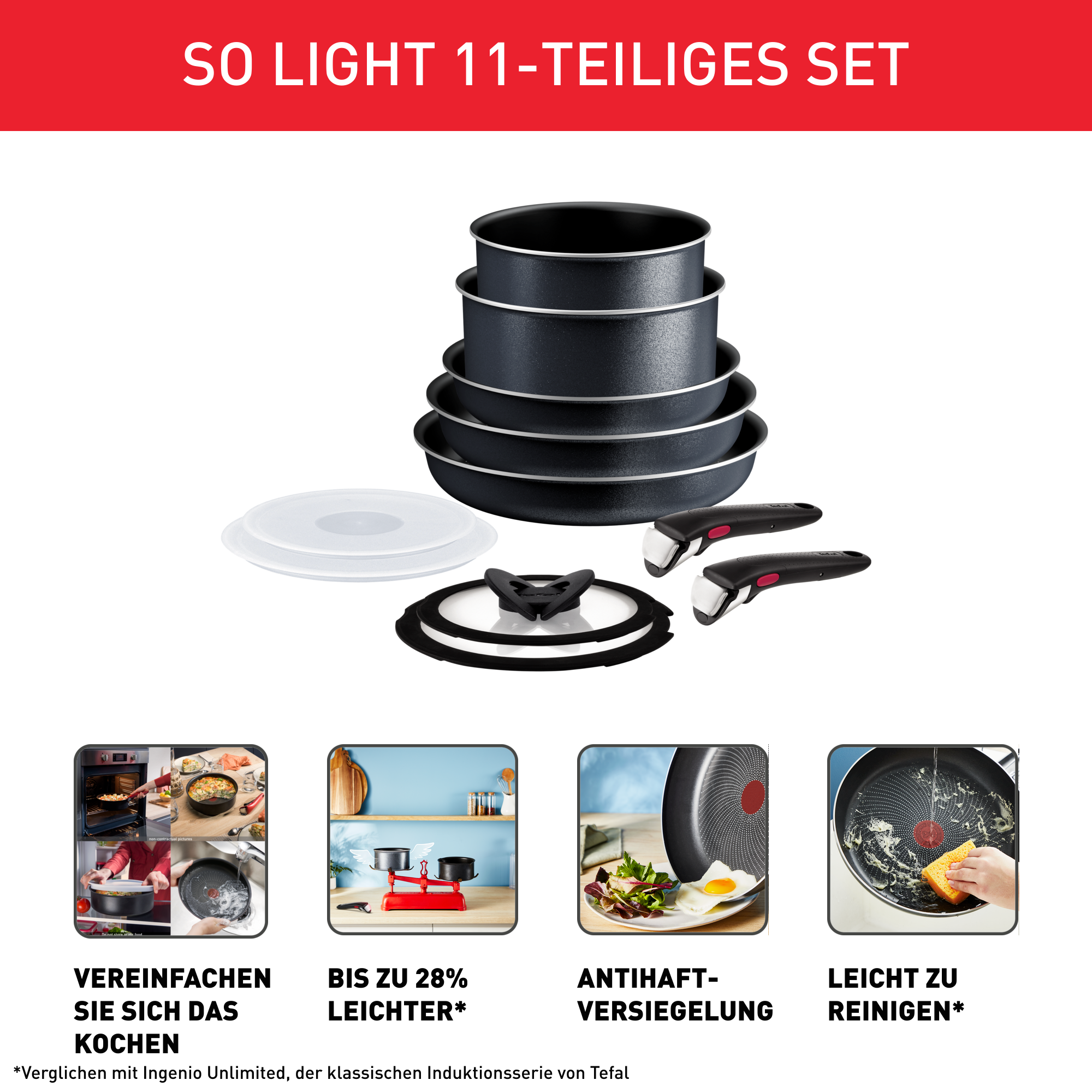 Tefal Ingenio Serenity Kochset 11-teilig - Stapelbar & Mit Abnehmbaren Griffen