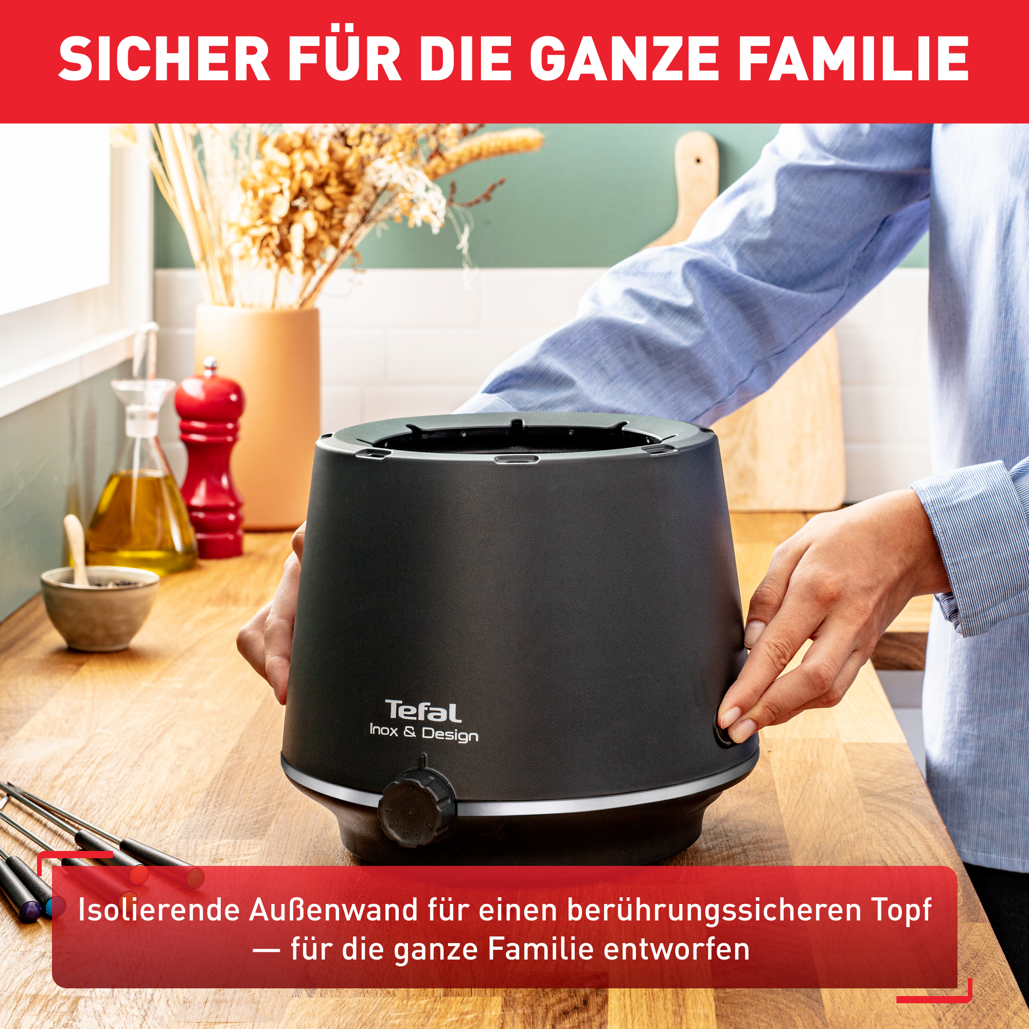 Fondue Tefal Inox & Design - 800W - 8 Fourchettes - Revêtement Antiadhésif - Lave-Vaisselle - Noir/Inox