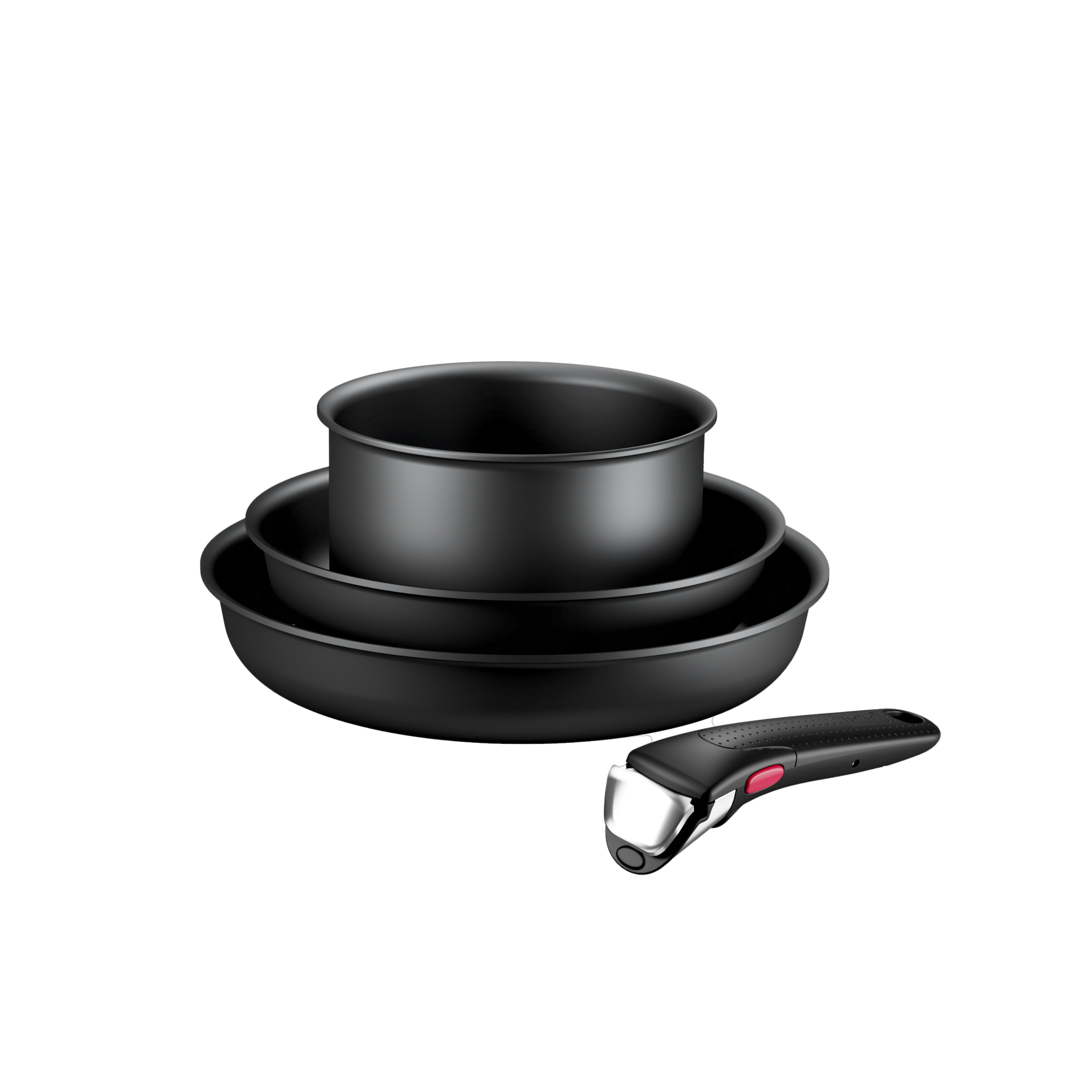 Ingenio Jordi Cruz, Set de Sartenes 22/26 cm + Cazo 16cm + Mango Extraíble, Apilables, Inducción, Negro