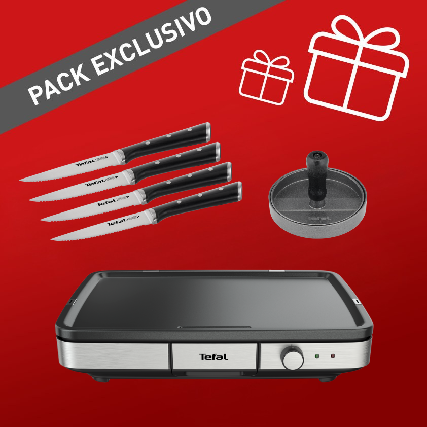 Pack Maxi Plancha con prensa para hamburguesa y set de 4 cuchillos de carne