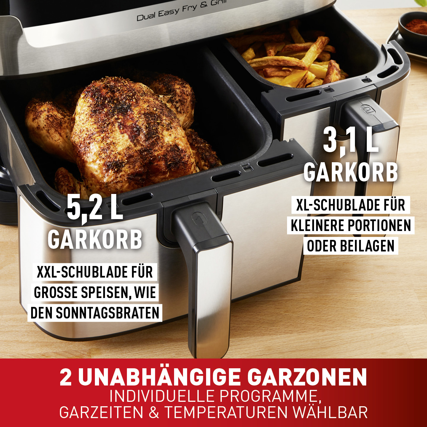 Dual Easy Fry & Grill 8,3 L Edelstahl EY905D | Heißluftfritteusen | Tefal