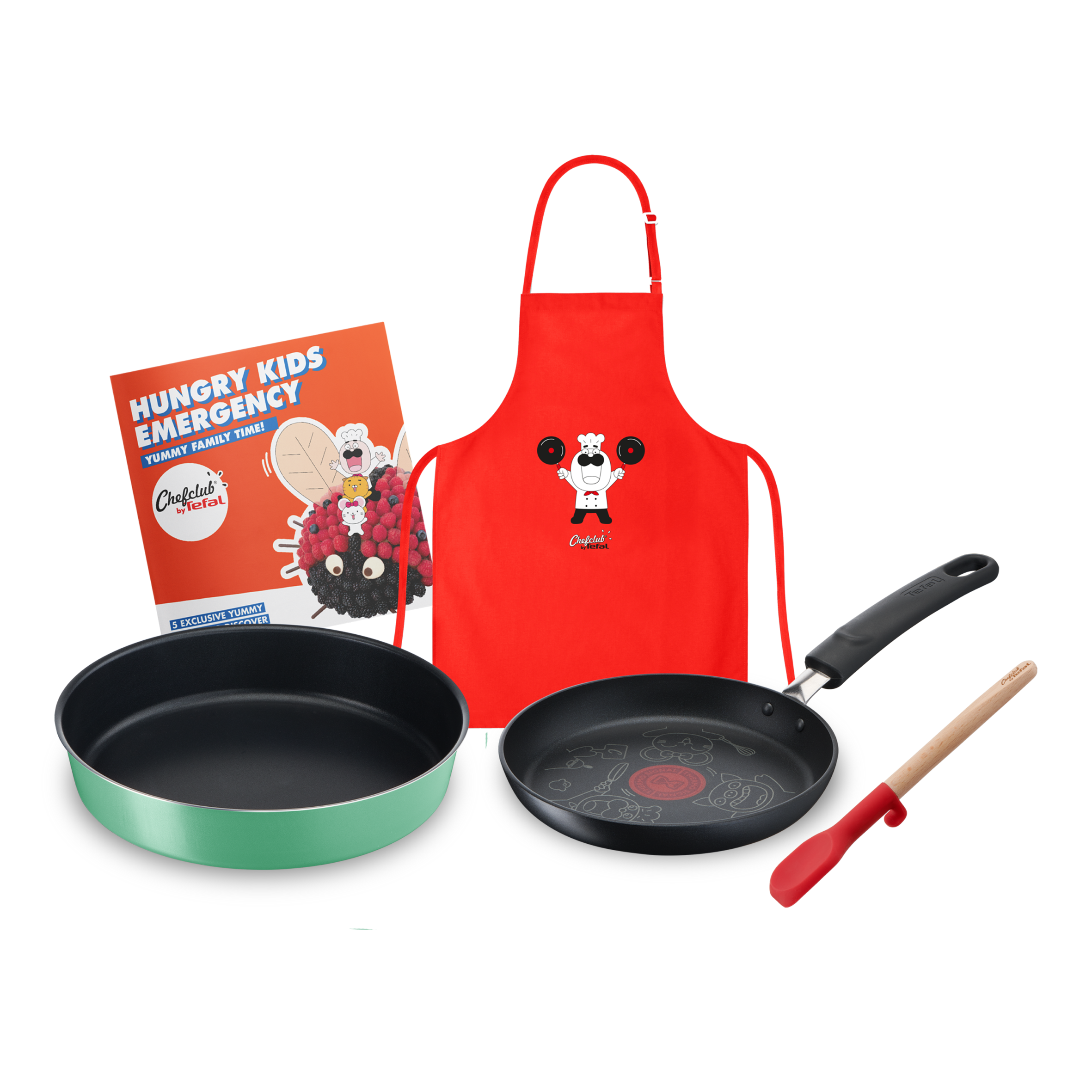 Chefclub by Tefal E5119003 Set de cuisine Hungry Kids Emergency : Poêle 19 cm, Moule à manqué 26 cm, Mini-spatule, Tablier enfant, Livret de recettes