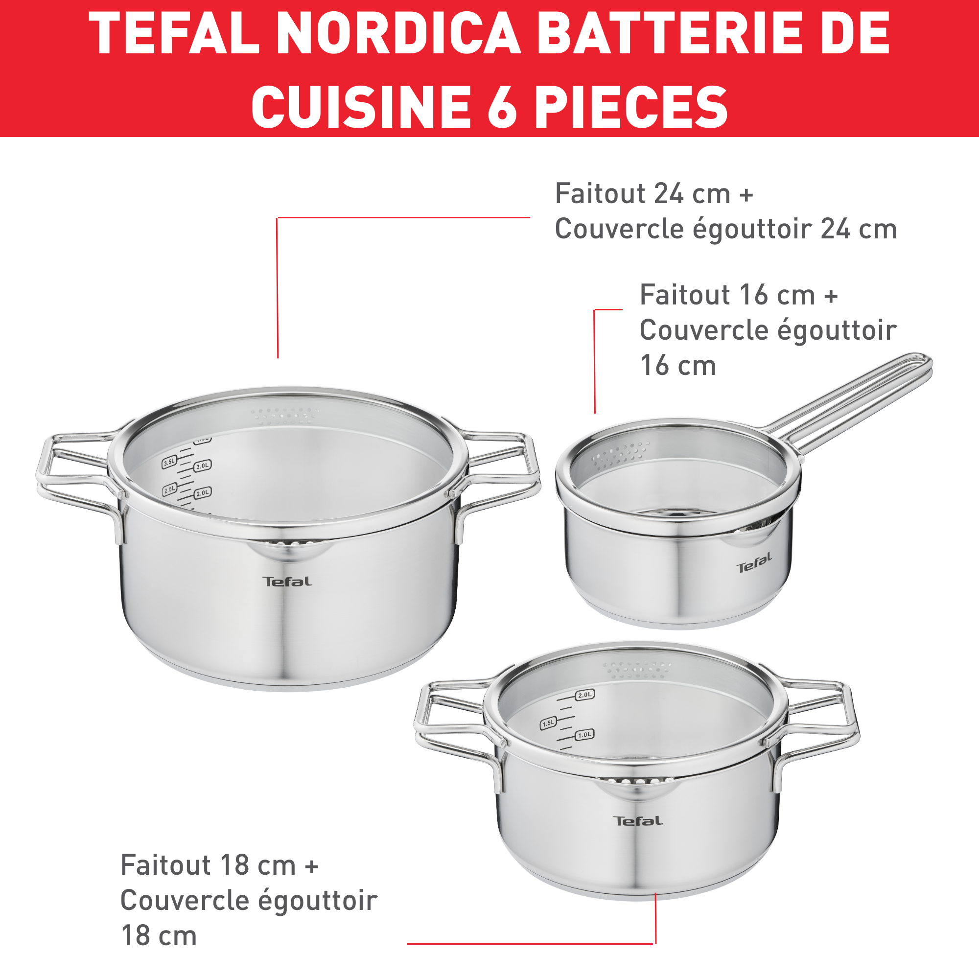 Batterie De Cuisine Tefal Nordica 6 Pièces - Casseroles Inox 16/20/24 Cm - Induction - Garantie 10 Ans