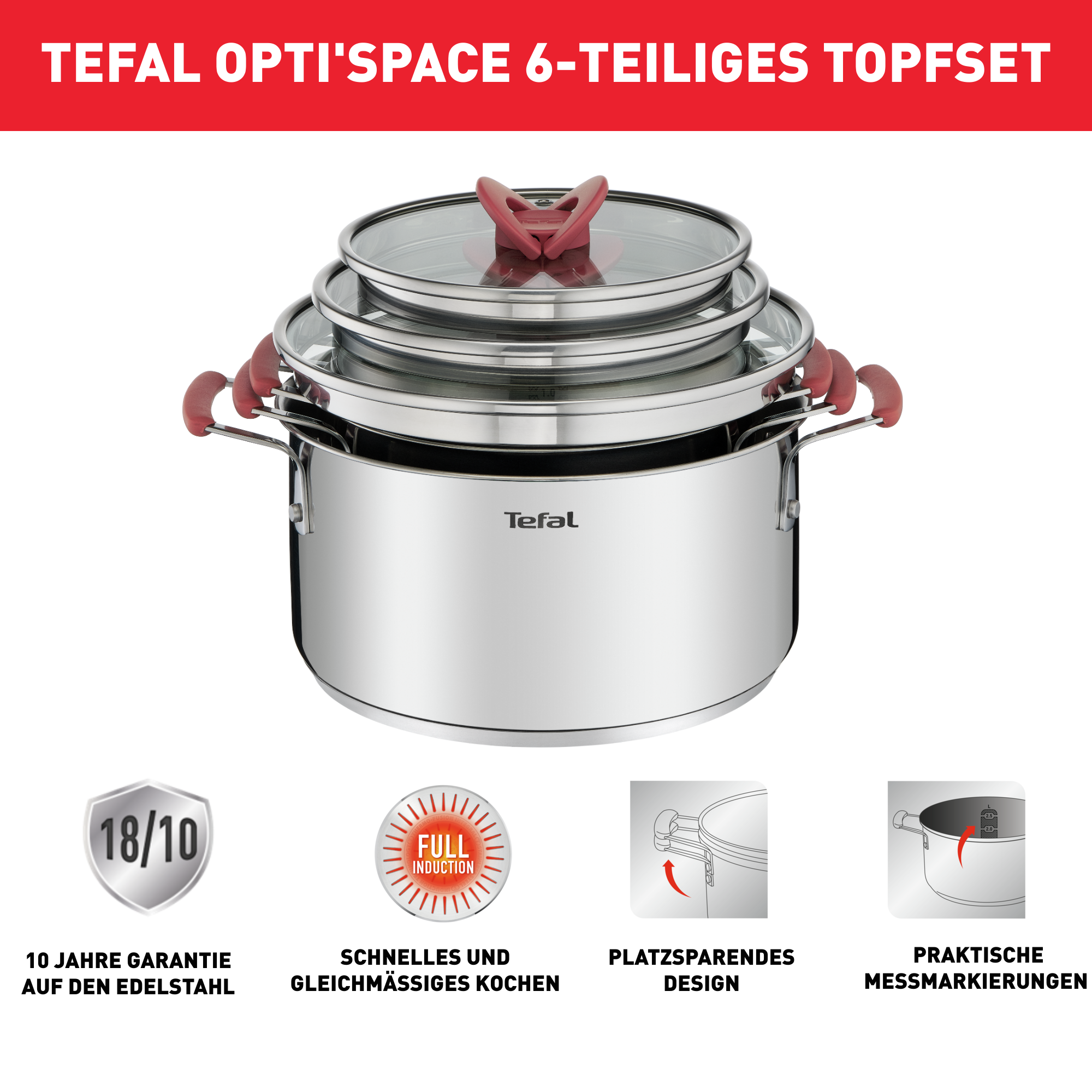 Opti Space 6-teiliges Kochtopf-Set G720S6 | Kochtopfsets | Tefal