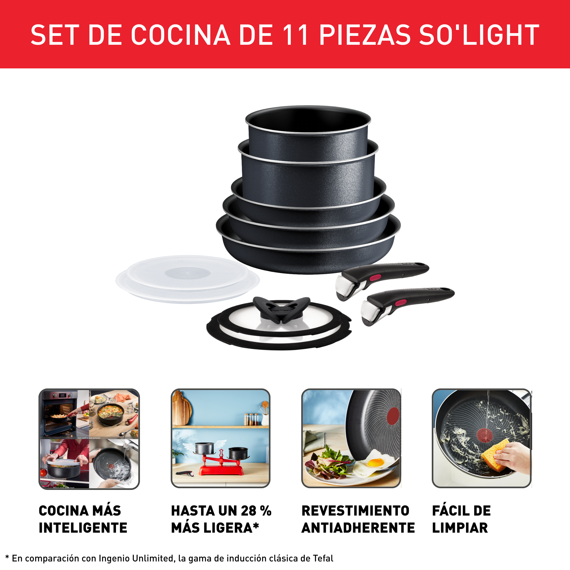 Ingenio So'Light, Set de 11 piezas, Cazos y sartenes, Mangos Extraíbles, Tapas Herméticas, Tecnología Light Tech, Revestimiento Antiadherente de Titanio