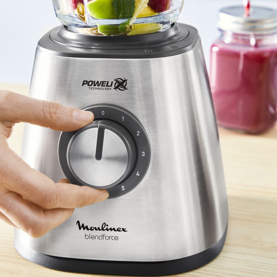 Moulinex - Blendforce Cristal LM439D - Batidora de vaso de cristal de 800 W, 6 cuchillas, con función picadora de hielo, 5 velocidades, limpieza fácil, vaso de cristal termorresistente de 1,25 litros