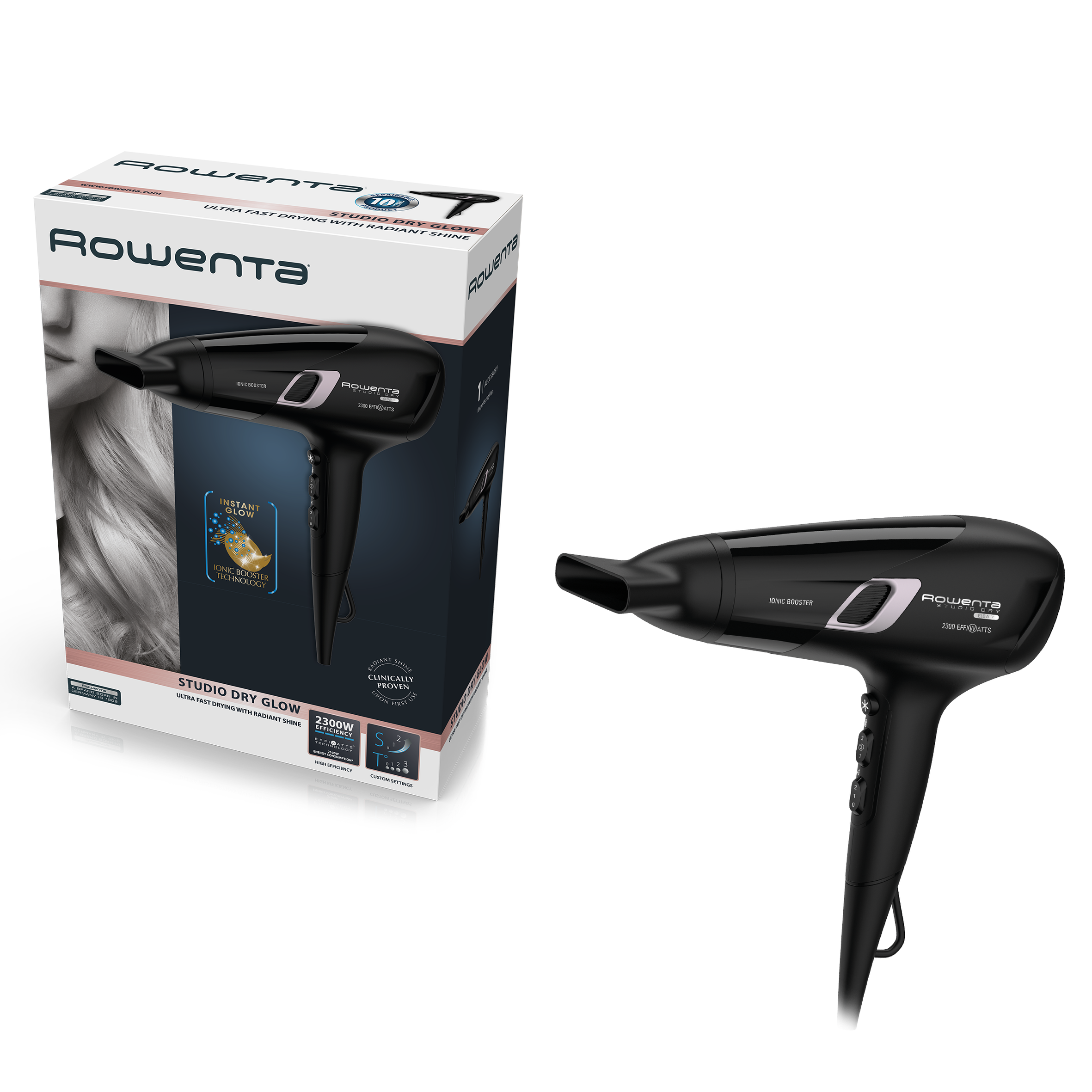 Studio Dry Glow, Asciugacapelli, Motore DC, 2300 EW, Risparmio energetico