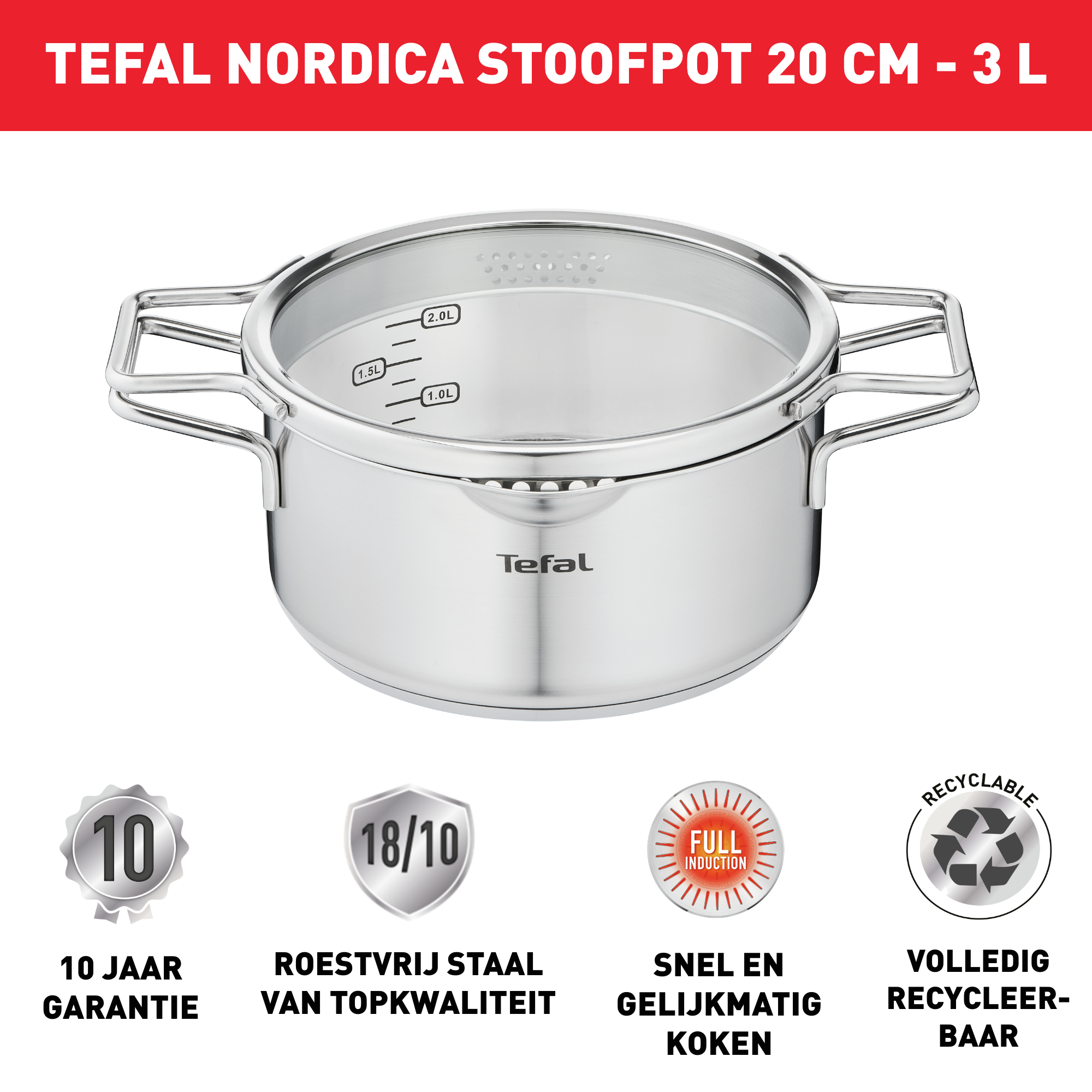 Nordica H8524435 Kookpot inox 20 cm | Tefal