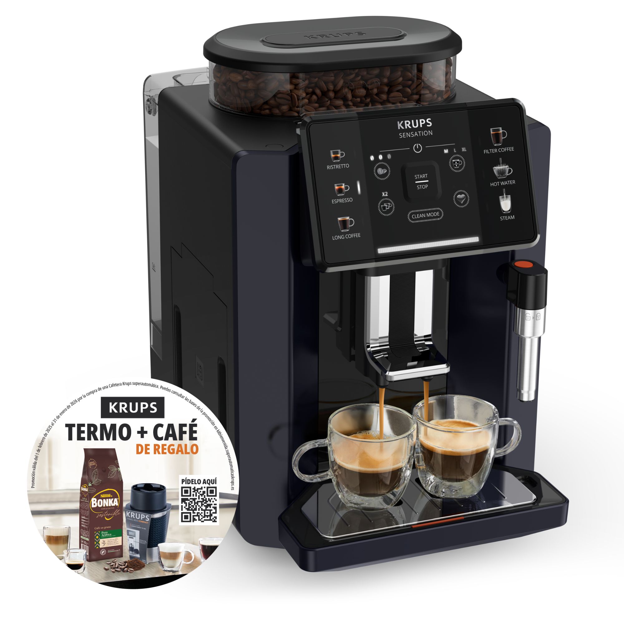 Sensation, Cafetera Superautomática, Panel táctil, 5 recetas automáticas, Espumador de leche