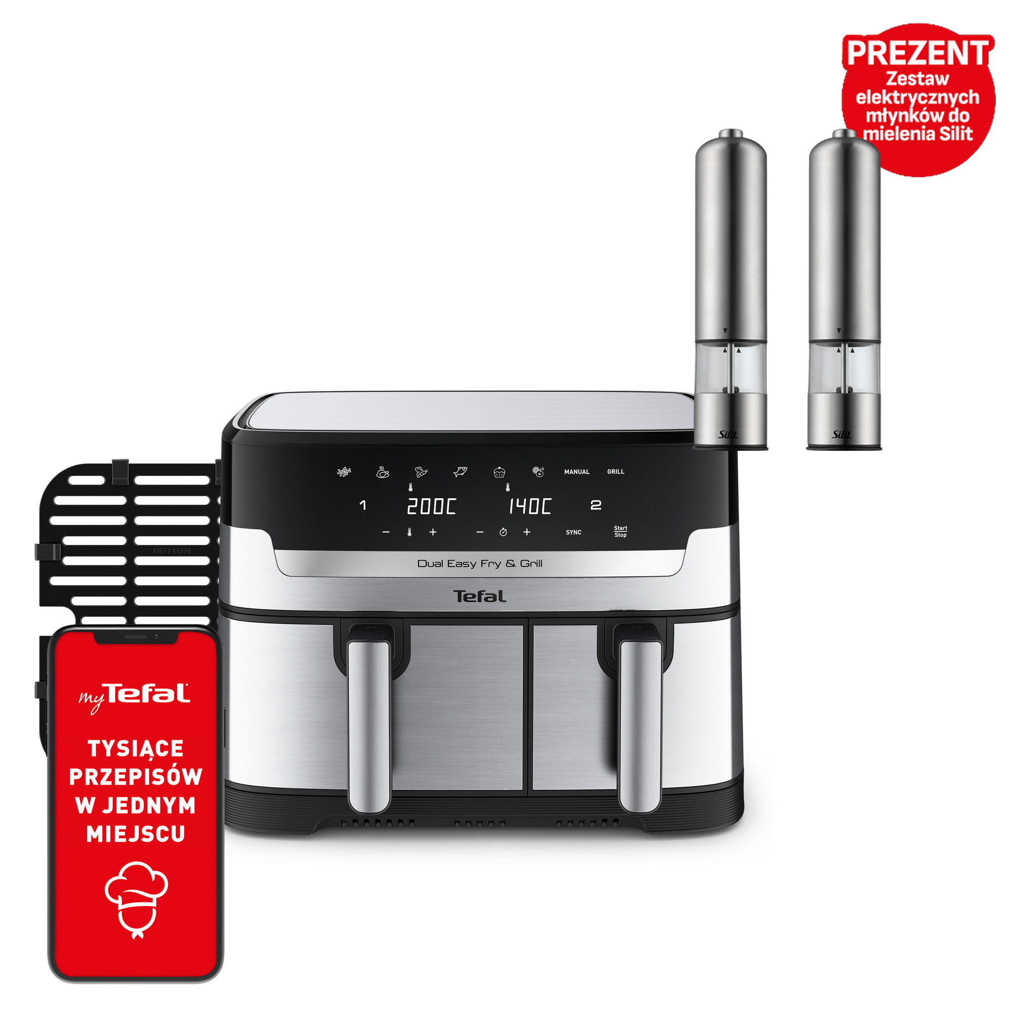 Frytkownica beztłuszczowa, Tefal Dual Easy Fry&Grill EY905D, dwukomorowa, duża, grill